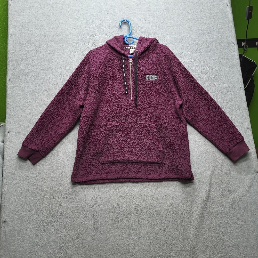 Victoria's Secret PINK Women Hoodie L Purple Sherpa Logo Zipper Long Sleeve